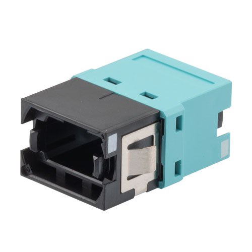 MPO Simplex Coupler, Translucent Internal Shutter, Key Up-Key Down, Black/Aqua