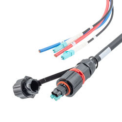 Fiber optic, IP68 Hybrid LC/UPC (2x 12AWG pin contacts) to 2x LC/UPC, OM3, 10.5mm LSZH, 1 meter breakout cable assembly