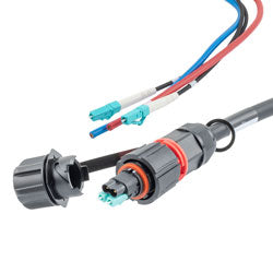 Fiber optic, IP68 Hybrid LC/UPC (2x 12AWG pin contacts) to 2x LC/UPC, OM4, 10.5mm LSZH, 1 meter breakout cable assembly