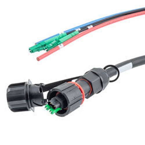 Fiber optic, IP68 Hybrid LC/APC (2x 12AWG pin contacts) to 2x LC/APC, single mode, 10.5mm LSZH, 3 meter breakout cable assembly