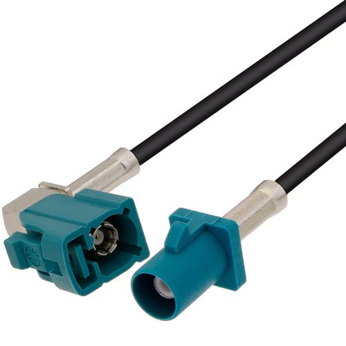 Water Blue FAKRA Plug to FAKRA Jack Right Angle Cable Assembly using RG174 Coax, 4 FT