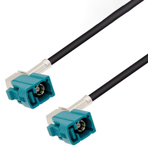 Water Blue FAKRA Jack Right Angle to FAKRA Jack Right Angle Cable Assembly using RG174 Coax, 4 FT