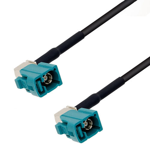 Water Blue FAKRA Jack Right Angle to FAKRA Jack Right Angle Cable Assembly using RG174 Coax, 3 FT with HeatShrink