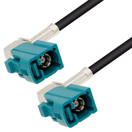 Water Blue FAKRA Jack Right Angle to FAKRA Jack Right Angle Cable Assembly using RG174 Coax, 2 FT , LF Solder