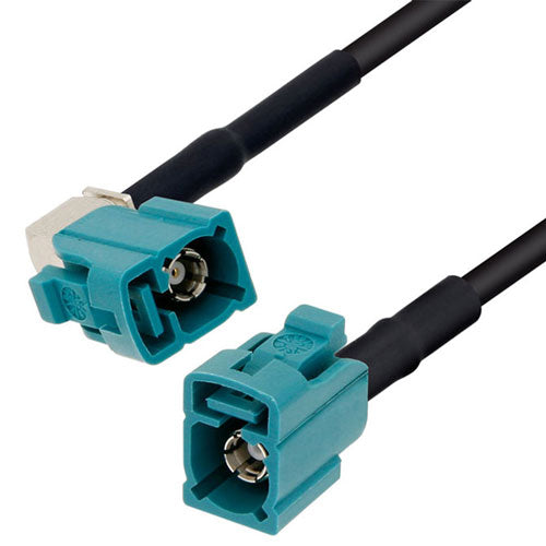 Water Blue FAKRA Jack Right Angle to FAKRA Jack Cable Assembly using RG174 Coax, 2 FT with HeatShrink