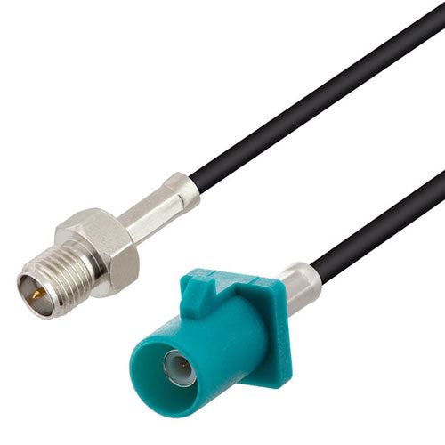 Water Blue FAKRA Plug to Reverse Polarity SMA Jack Cable Assembly using RG174 Coax, 2 FT