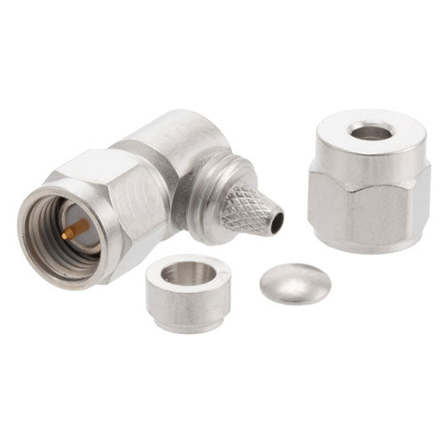 12.4 GHz SMA Male Right Angle Connector Clamp/Solder Attachment for RG174, RG316, RG188, 0.100 inch, 100 series, LMR-100