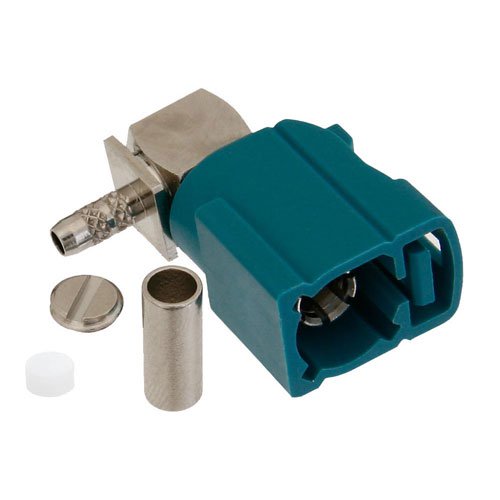 FAKRA Jack Right Angle Connector Crimp/Solder Attachment for RG174, RG316, RG188, .100 inch, LMR-100, Water Blue Color