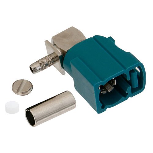 FAKRA Jack Right Angle Connector Crimp/Solder Attachment for RG188-DS, RG316-DS, Water Blue Color