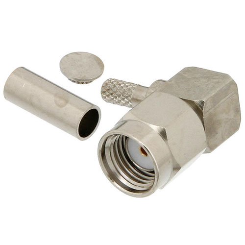RP SMA Male Right Angle Connector Crimp/Solder Attachment for RG174, RG316, RG188, 0.100 inch, LMR-100