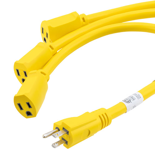 NEMA 5-15P to Triple NEMA 5-15R W Splitter Cable, 14 AWG, 3FT, Yellow