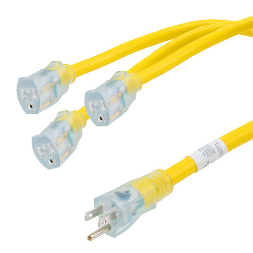 NEMA 5-15P to Triple NEMA 5-15R W Splitter Cable, 14 AWG, LED Connectors, 6FT, Yellow