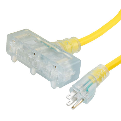 N5-15P Male to 3 N5-15R Female Outdoor Extension Cord with LED Connectors, SJTOW, PVC, 25 Feet
