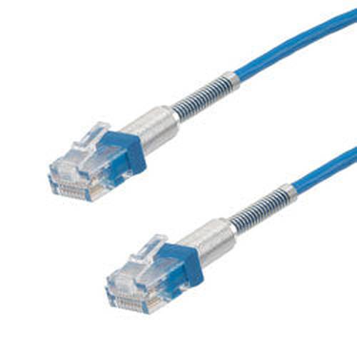 Category 6a 10gig Double Spring Slim Ethernet Cable Assembly, 30AWG Stranded, RJ45 Male Plugs with Spring Boots, CM Jacket, Blue, 2FT