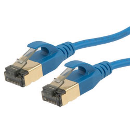 Category 7 10gig Slim Ethernet Cable Assembly, RJ45 Male/Plug, U/FTP Shielded Pairs, 32AWG Stranded, CM PVC Jacket, Blue, 3FT