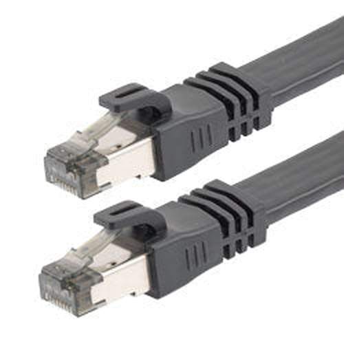 Category 8 25 to 40gig Flat Ethernet Cable, STP Screened Shielded Pairs, Flex Tab RJ45 Male/Plug, 24AWG Stranded, CM PVC, Black, 1FT