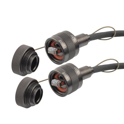 IP68 Ruggedized Cat6 Cable, Plug to Plug, E-Nickel Finish 24AWG STR CM/CMX FR-TPE BLK w/ Dust Caps, 1.0M