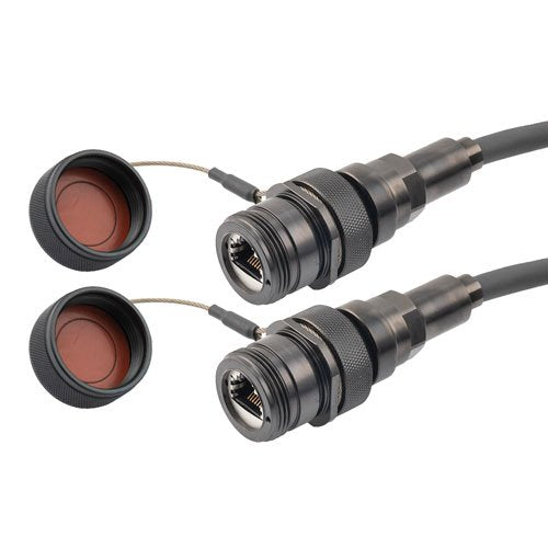 IP68 Ruggedized Cat6 Cable, Jack to Jack, E-Nickel Finish 24AWG STR CM/CMX FR-TPE BLK w/ Dust Caps, 0.5M