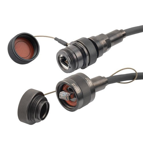 IP68 Ruggedized Cat6 Cable, Plug to Jack, E-Nickel Finish 24AWG STR CM/CMX FR-TPE BLK w/ Dust Caps, 1.0M
