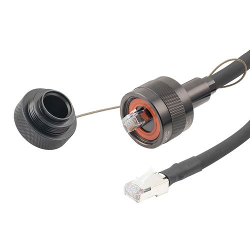 IP68 Ruggedized Cat6 Cable, Plug to RJ45, E-Nickel Finish 24AWG STR CM/CMX FR-TPE BLK w/ Dust Caps, 3.0M