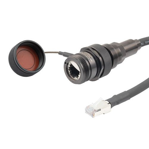 IP68 Ruggedized Cat6 Cable, Jack to RJ45, E-Nickel Finish 24AWG STR CM/CMX FR-TPE BLK w/ Dust Caps, 2.0M