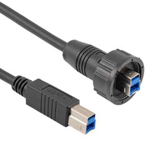 Waterproof USB 3.0 Cable Assembly, IP67 B Male Plug to Standard B Male Plug, 30/24AWG, PVC, Black, 0.75M