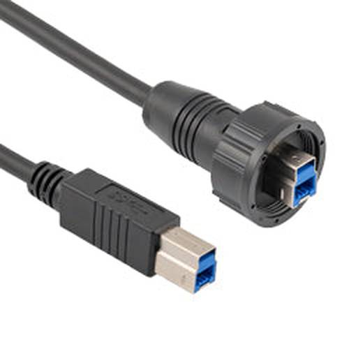 Waterproof USB 3.0 Cable Assembly, IP67 B Male Plug to Standard B Male Plug, 30/24AWG, PVC, Black, 1.5M