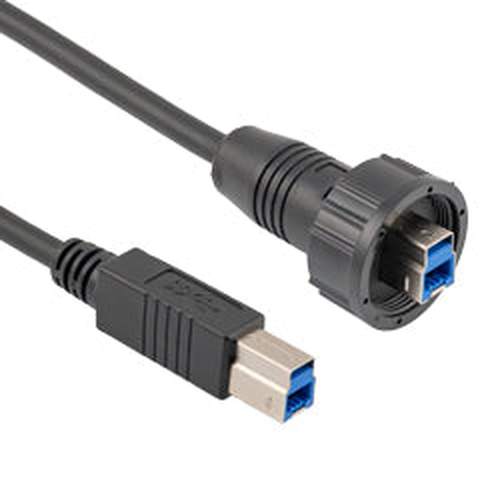 Waterproof USB 3.0 Cable Assembly, IP67 B Male Plug to Standard B Male Plug, 30/24AWG, PVC, Black, 1.0M