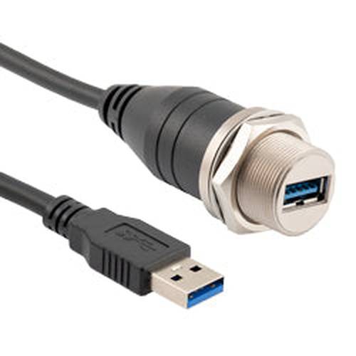 Waterproof USB 3.0 Cable Assembly, IP67 Panel Mount Metal A Female Jack to Standard A Male Plug, 30/24AWG, PVC, Black, 1.0M