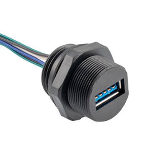 Waterproof Panel Mount USB 3.0 IP67 Type A Female Jack with 10 inch Wire Leads, 28/24AWG