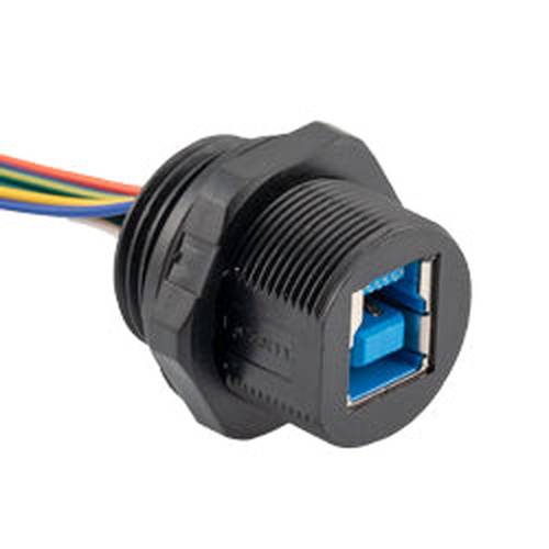 Waterproof Panel Mount USB 3.0 IP67 Type B Female Jack with 10 inch Wire Leads, 28/24AWG