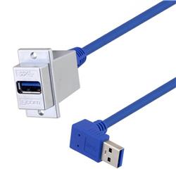 USB 3.0 Type A ECF Coupler, Female Type A to Male A 90 degree down Cable 12in