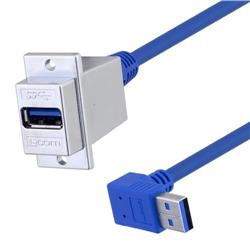 USB 3.0 Type A Coupler, Female Panel mount to Male 90 degree up exit Cable 24in