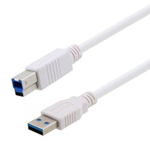 USB 3.0 Cable Assembly, Type A Male Plug to Type B Male Plug, 30/24AWG, PVC, White, 0.5M