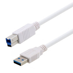 USB 3.0 Cable Assembly, Type A Male Plug to Type B Male Plug, 30/24AWG, PVC, White, 0.75M