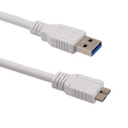 USB 3.0 Cable Assembly, A Male Plug to Micro B Male Plug, 30/24AWG, UL 20276, PVC, White, 0.5M