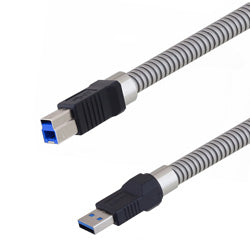 Metal Armored USB 3.0 Cable Assembly, Type A Male Plug to Type B Male Plug, 28/26/22AWG, Stainless Steel Armor, 2.0M