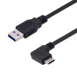 USB 3.0 Right Angle Cable Assembly, 90 Degree Left/Right Type C Male Plug to Straight Type A Male Plug, 32/26AWG, PVC, Black, 0.3M