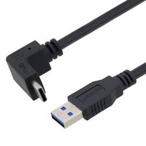 USB 3.0 Right Angle Cable Assembly, 90 Degree Up/Down Type C Male Plug to Straight Type A Male Plug, 32/26AWG, PVC, Black, 0.3M