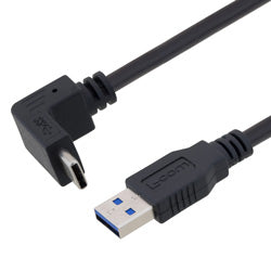 USB 3.0 Right Angle Cable Assembly, 90 Degree Up/Down Type C Male Plug to Straight Type A Male Plug, 32/26AWG, PVC, Black, 1.0M