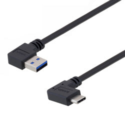 USB 3.0 Right Angle Cable Assembly, 90 Degree Left/Right Type C Male Plug to 90 Degree Right Type A Male Plug, 32/26AWG, PVC, Black, 0.5M