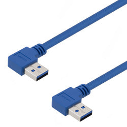 USB 3.0 Right Angle Cable Assembly, 90 Degree Right Type A Male Plug to 90 Degree Right Type A Male Plug, 30/24AWG, PVC, Blue, 0.3M
