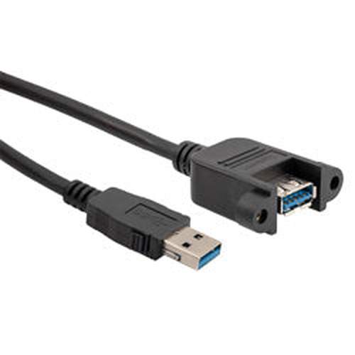 USB 3.0 Cable Assembly, Type A Latching Male Plug to Type A Panel Mount Female Jack, 30/24AWG, Low Smoke Zero Halogen LSZH, Black, 0.3M
