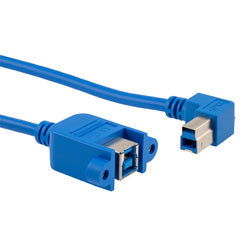 USB 3.0 Cable Assembly, Type B Panel Mount Female Jack to Type B 90 Degree Right Angle Male Plug, 30/24AWG, PVC, Blue, 0.3M