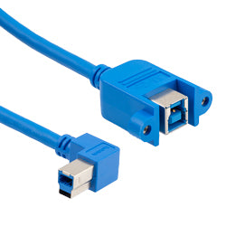 USB 3.0 Cable Assembly, Type B Panel Mount Female Jack to Type B 90 Degree Right Angle Male Plug, 28/26/22AWG, PVC, Blue, 2.0M