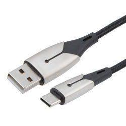 USB 2.0 AM TO CM Cable with black cotton braid, Blue LED light, 1M