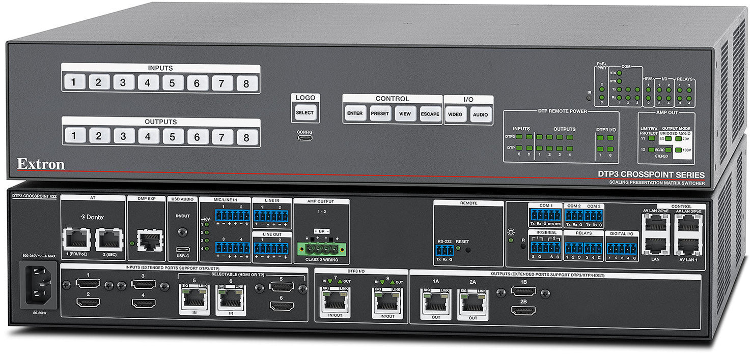 4K/60 Presentation Matrix Switcher with Reversible DTP3 I/O, Control Processor and Amplifier, LL UI Upgrade