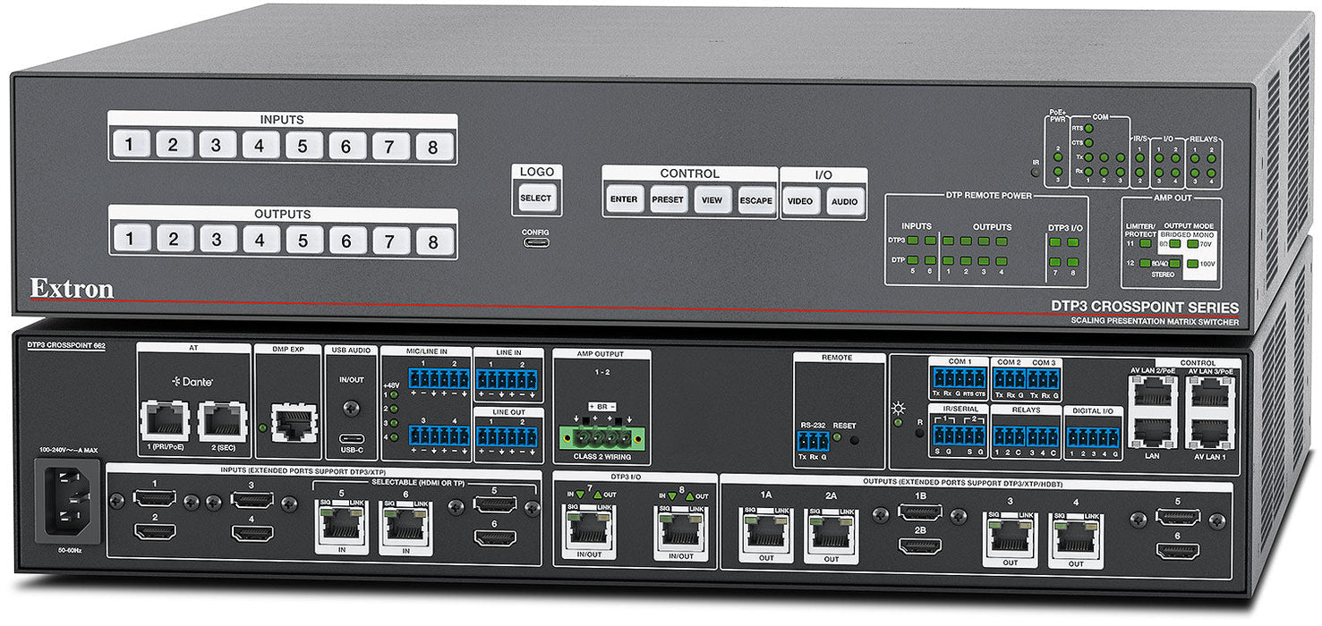 4K/60 Presentation Matrix Switcher with Reversible DTP3 I/O, Control Processor and Amplifier