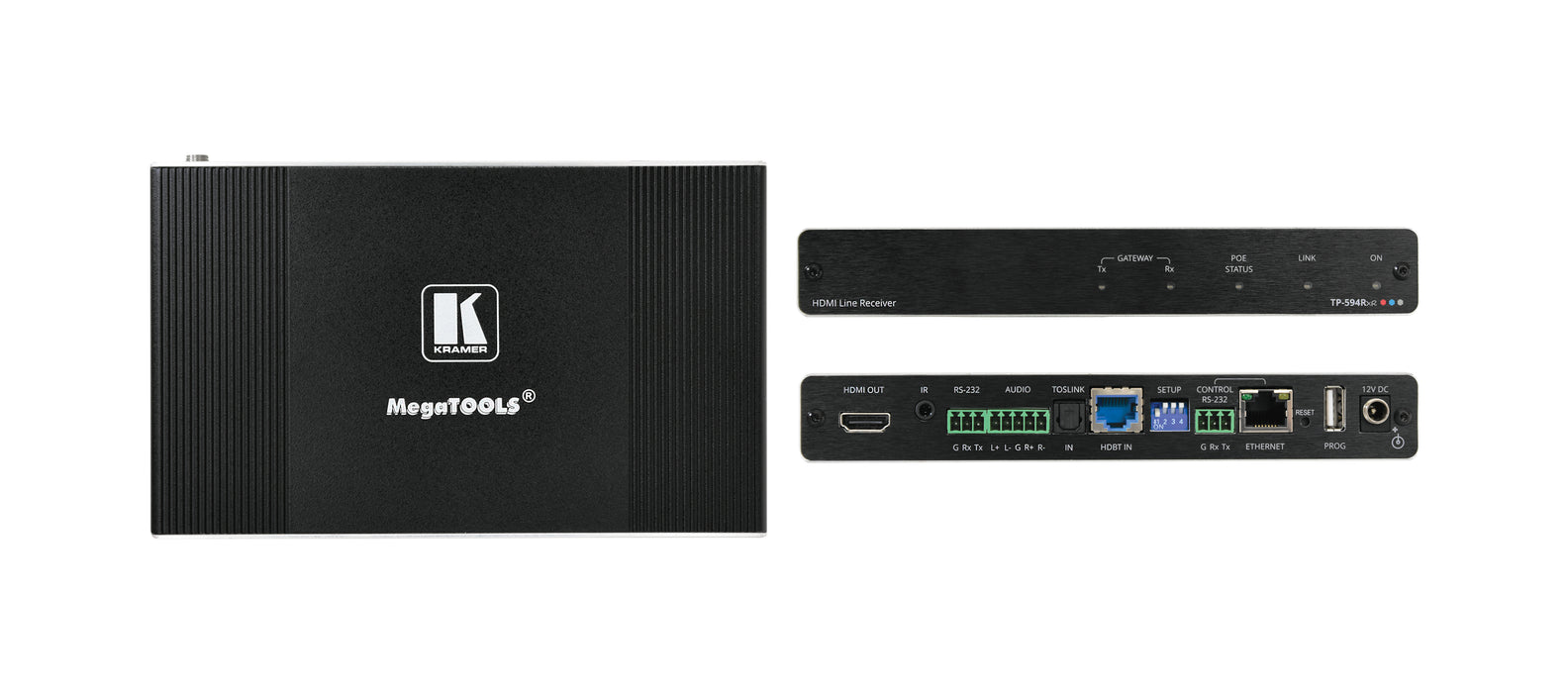 4K HDR HDMI Receiver with Ethernet, RS–232, IR, ARC & Stereo Audio Routing over PoE Extended–Reach HDBaseT 2.0