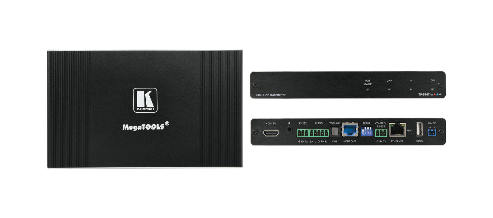 4K HDR HDMI Transmitter with Ethernet, RS–232, IR, ARC & Stereo Audio Routing over PoE Extended–Reach HDBaseT 2.0